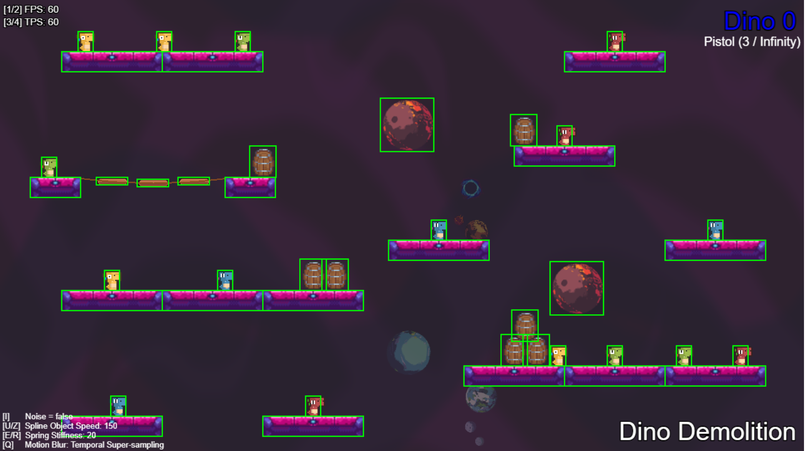 Debug view showing custom green hitboxes around scene objects