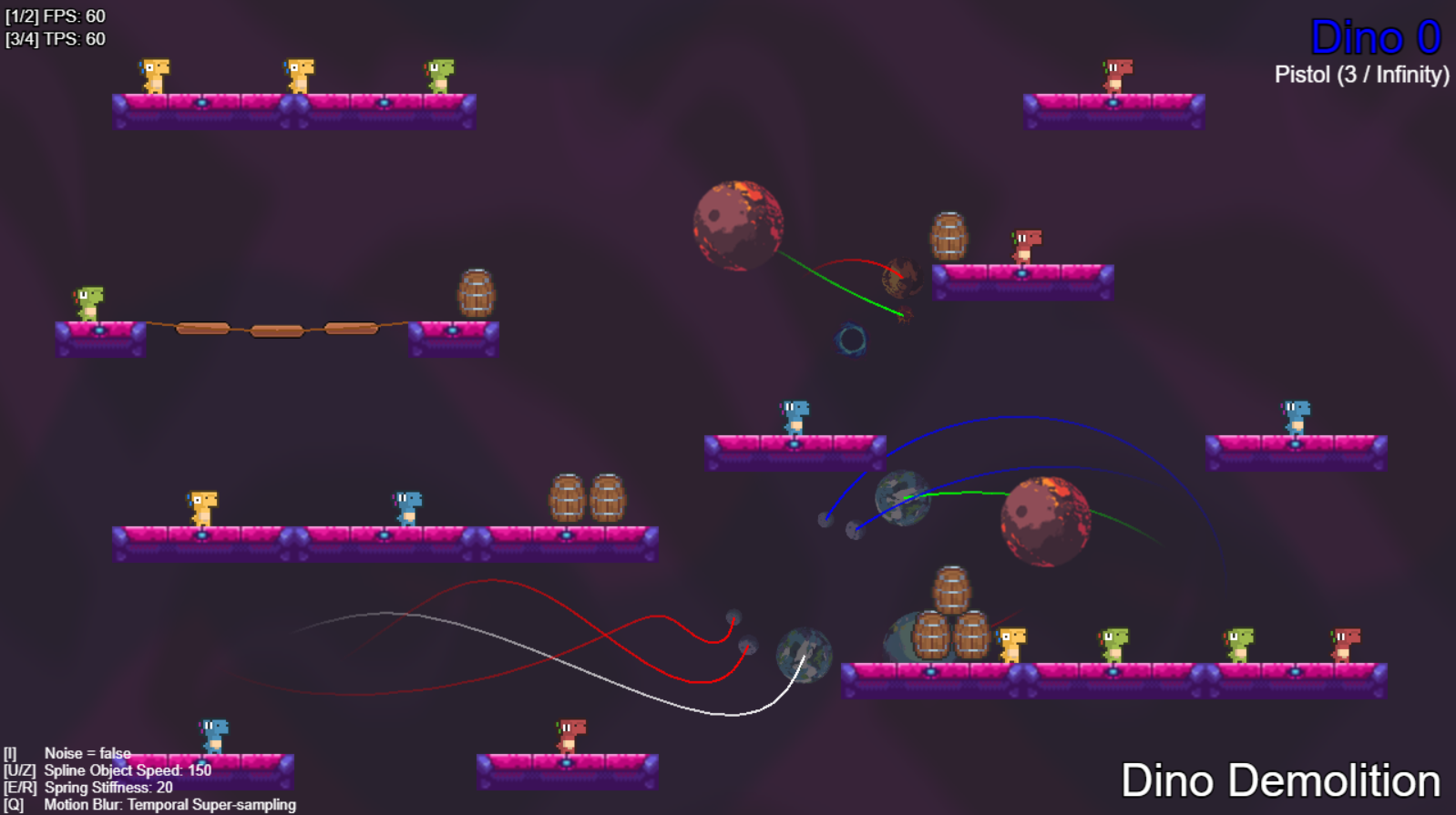 Scene hierarchy trails drawn across the Dino Demolition level