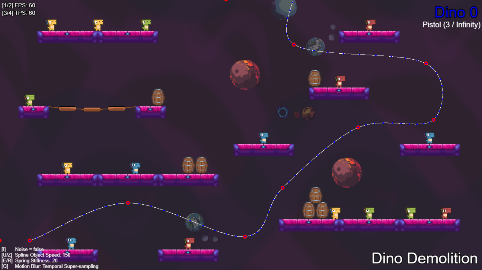 Spline debug view with editable control points and path-following objects