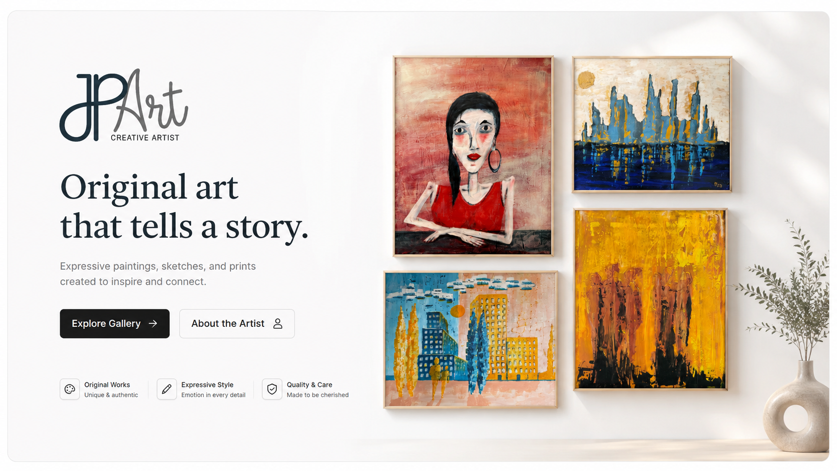 JPArt gallery hero showing original paintings arranged on a bright gallery wall