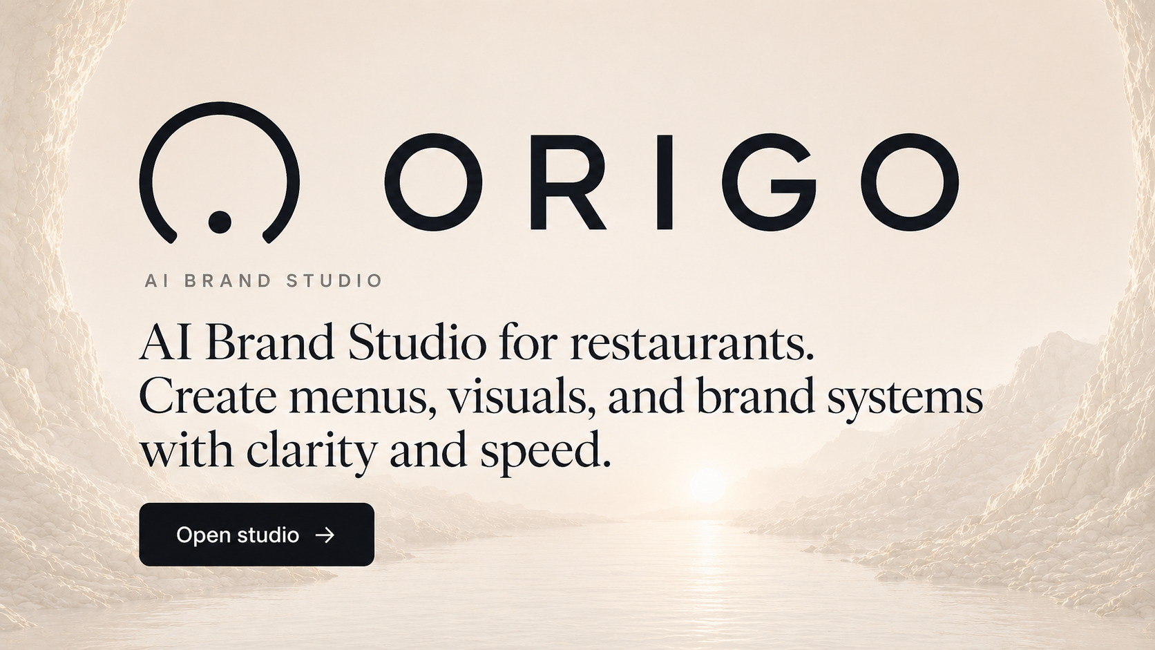 ORIGO AI Brand Studio hero showing a luminous canyon landscape and brand headline